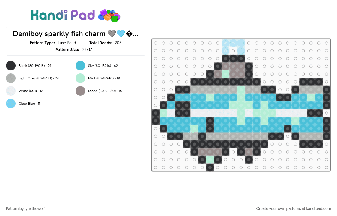 Demiboy sparkly fish charm 🩶🩵🤍🩵🩶🐟 - Fuse Bead Pattern by jynxthewolf on Kandi Pad - charm, demiboy, fish, light blue, pride