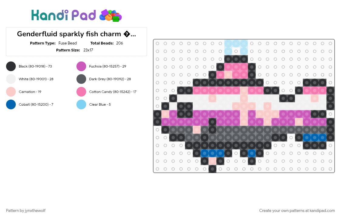 Genderfluid sparkly fish charm 🩷🤍💜🖤💙 🐟 - Fuse Bead Pattern by jynxthewolf on Kandi Pad - charm, fish, genderfluid, gray, pink, pride