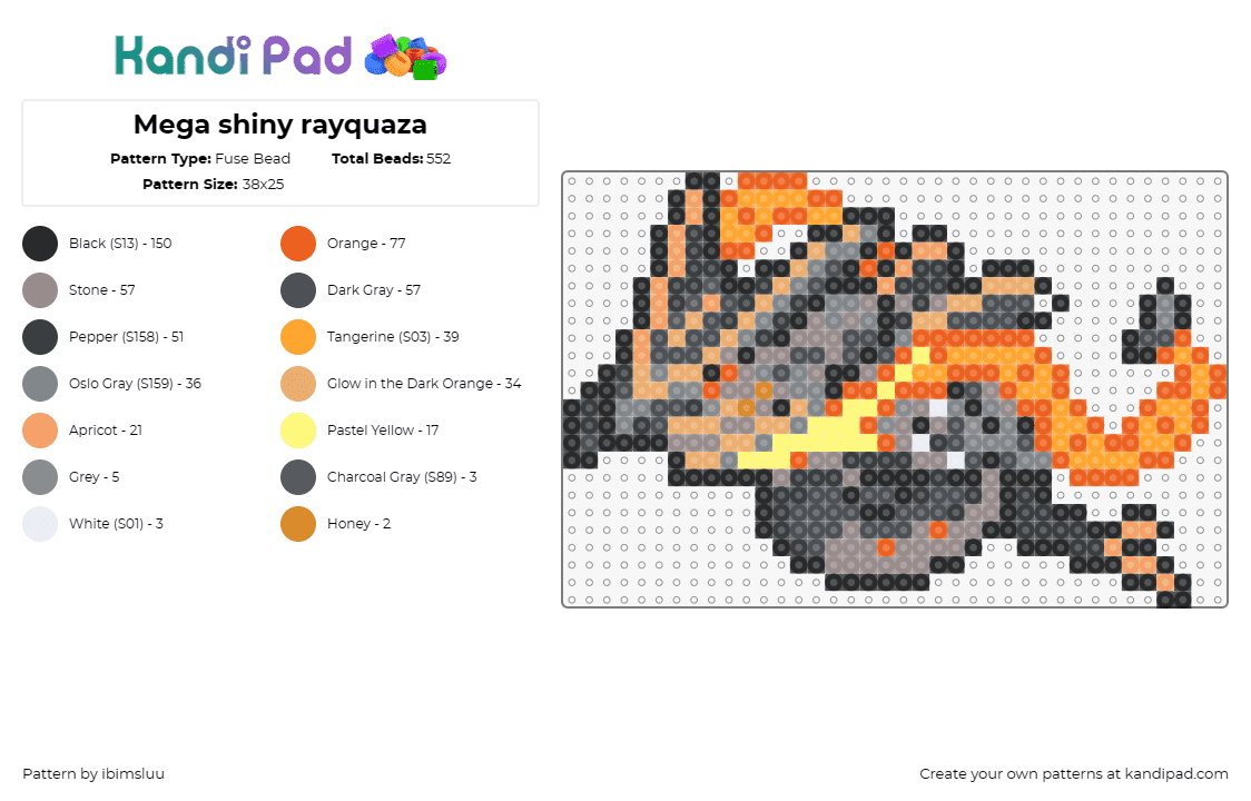 Mega shiny rayquaza - Fuse Bead Pattern by ibimsluu on Kandi Pad - rayquaza,pokemon,shiny,fiery,gaming,character,gray,orange