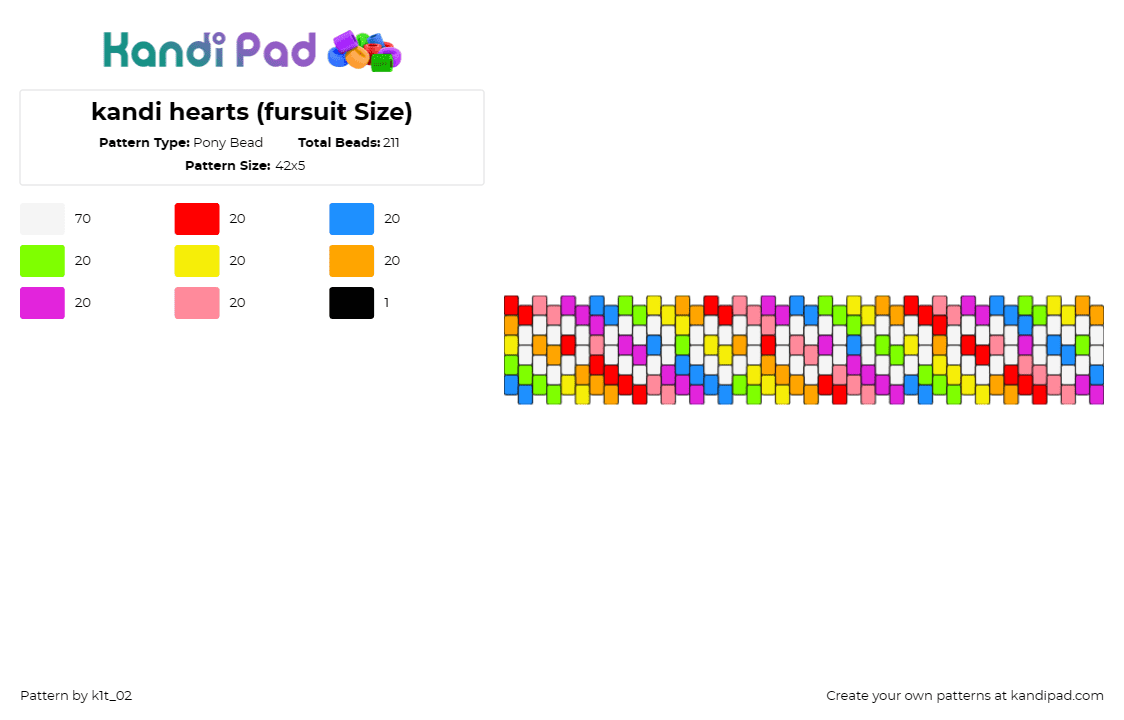 kandi hearts (fursuit Size) - Pony Bead Pattern by k1t_02 on Kandi Pad - hearts,diagonal,rainbow,stripes,repeating,cuff,white