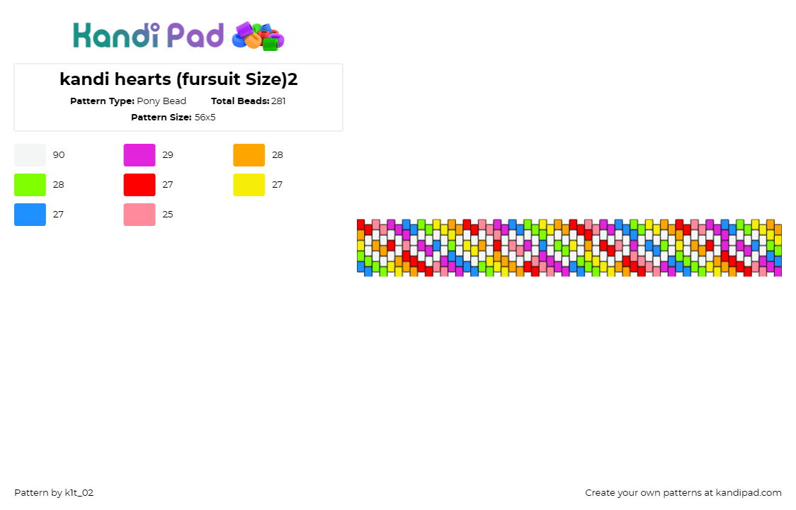 kandi hearts (fursuit Size)2 - Pony Bead Pattern by k1t_02 on Kandi Pad - hearts,diagonal,rainbow,stripes,repeating,cuff,white