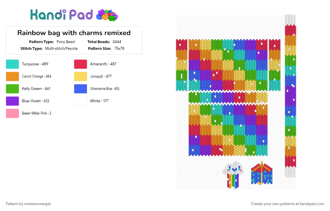 Rainbow bag with charms remixed - Pony Bead Pattern by moresmoresplz on Kandi Pad - bag, blue, charms, checkered, colorful, geometric, green, rainbow, red, remixed