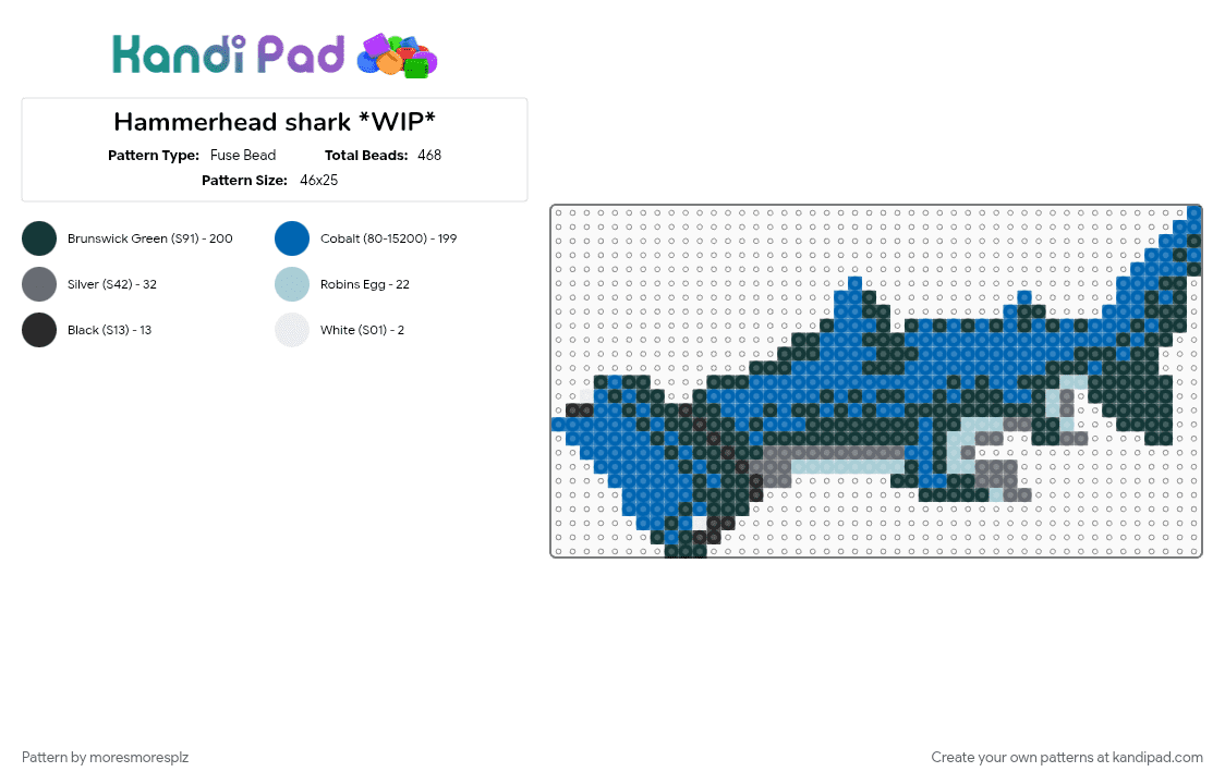 Hammerhead shark - Fuse Bead Pattern by moresmoresplz on Kandi Pad - animal, animals, blue, cotdoceancreatures, shark, underwater