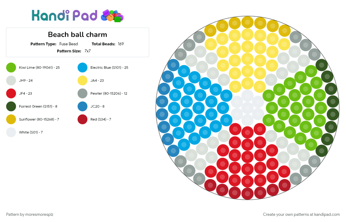 Beach ball charm - Fuse Bead Pattern by moresmoresplz on Kandi Pad - beach, charm, colorful, cotdpoolparty, easy perler, green, light blue, red, yellow