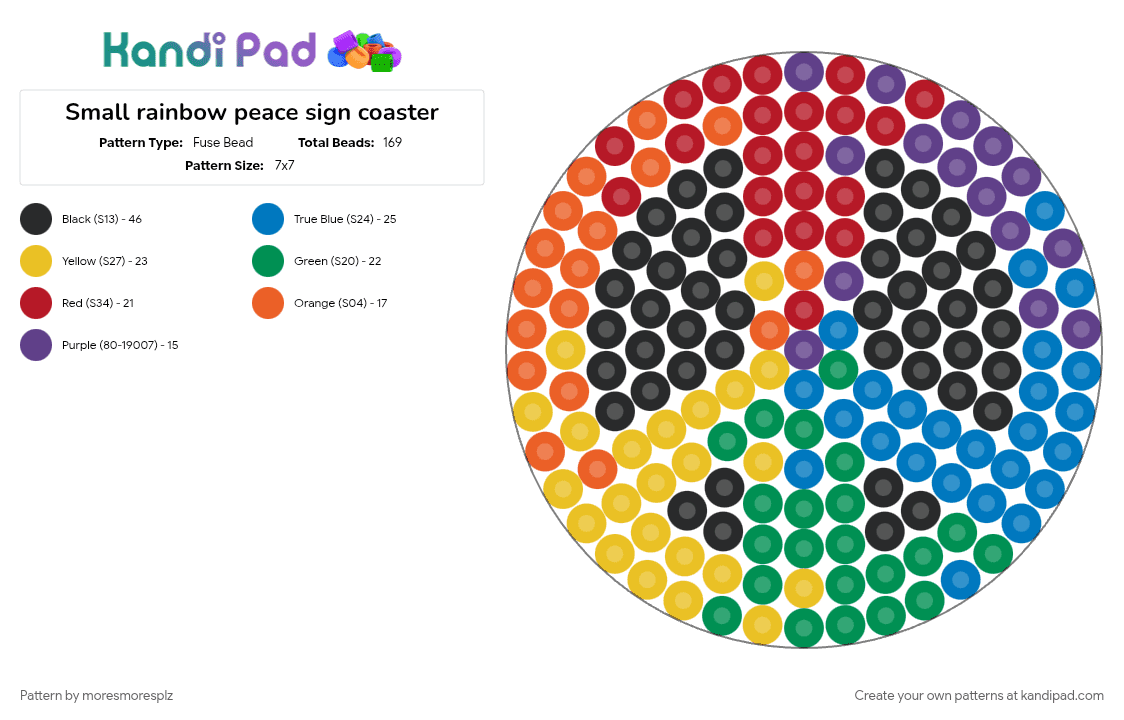 Small rainbow peace sign coaster - Fuse Bead Pattern by moresmoresplz on Kandi Pad - blue, coaster, colorful, green, peace, rainbow, red, yellow