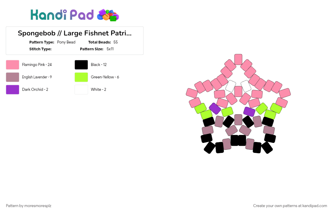 Spongebob // Large Fishnet Patrick Star charm - Pony Bead Pattern by moresmoresplz on Kandi Pad - character, charm, fishnets, meme, patrick star, pink, spongebob squarepants, tv show