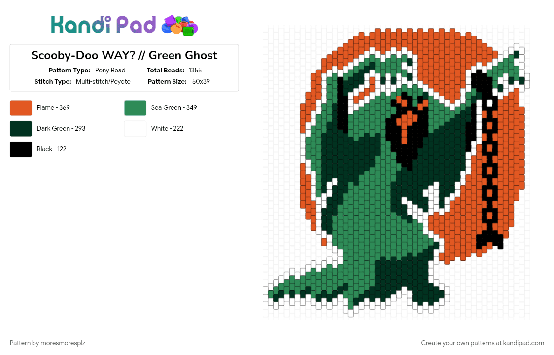 Scooby-Doo WAY? // Green Ghost - Pony Bead Pattern by moresmoresplz on Kandi Pad - character, cotdghosts, ghost, green, halloween, red, scooby doo, spooky, tv show