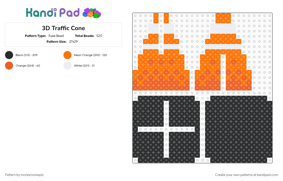 3D Traffic Cone - Fuse Bead Pattern by moresmoresplz on Kandi Pad - 3d, caution, orange, traffic cone