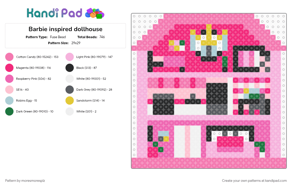 Barbie inspired dollhouse - Fuse Bead Pattern by moresmoresplz on Kandi Pad - 1 board, barbie, building, cotdmansions, house, pink
