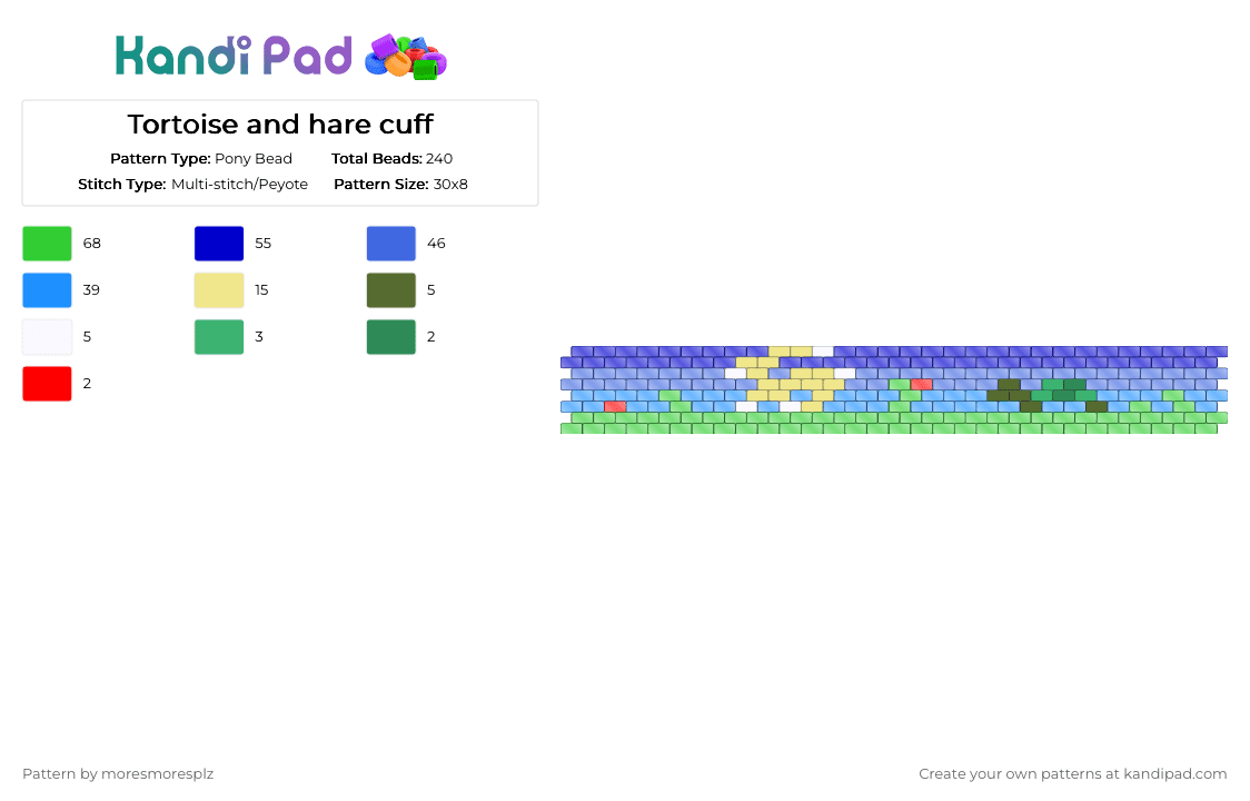Tortoise and hare cuff - Pony Bead Pattern by moresmoresplz on Kandi Pad - animals, blue, cotdfables, cuff, even peyote cuff, green, hare, light blue, purple, tortoise