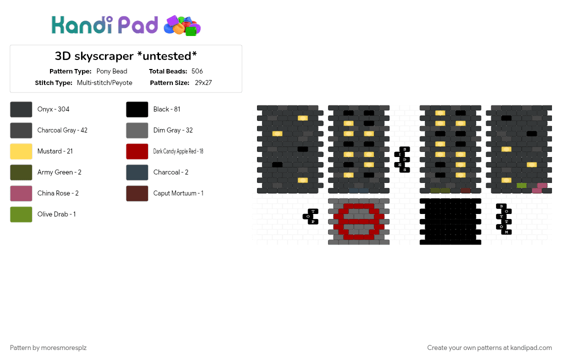 3D skyscraper *untested* - Pony Bead Pattern by moresmoresplz on Kandi Pad - 3d, black, brown, building, city, colorful, gray, grey, red