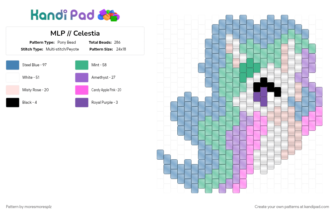 MLP // Celestia portrait charm - Pony Bead Pattern by moresmoresplz on Kandi Pad - blue, character, head, my little pony, princess, teal