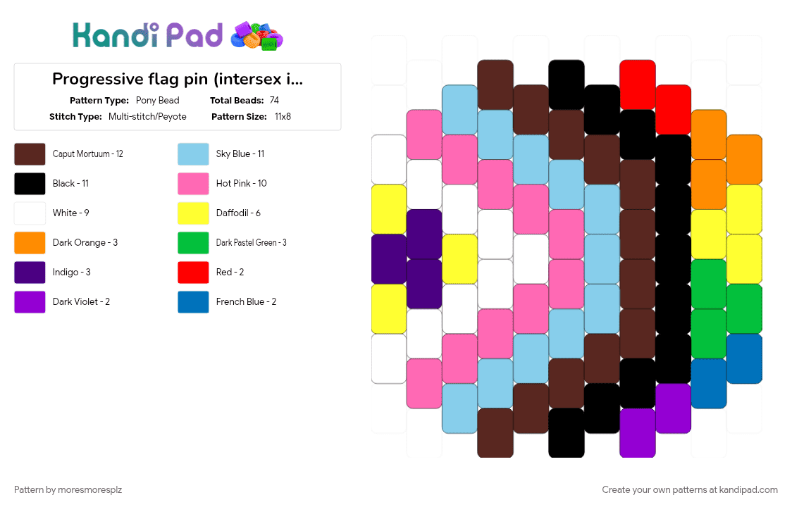 Progressive flag pin (intersex included - Pony Bead Pattern by moresmoresplz on Kandi Pad - brown, light blue, pin, pink, pride, progress flag, progress pride, queer, yellow