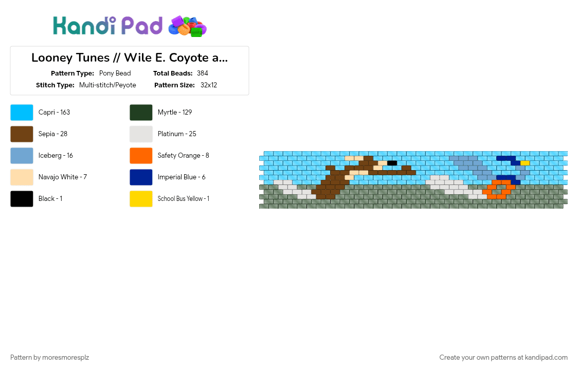Looney Toons // Wile E. Coyote and the Road Runner #cotdaction - Pony Bead Pattern by moresmoresplz on Kandi Pad - bracelet, cartoons, cotdaction, even peyote, light blue, looney tunes, roadrunner, wiley coyote