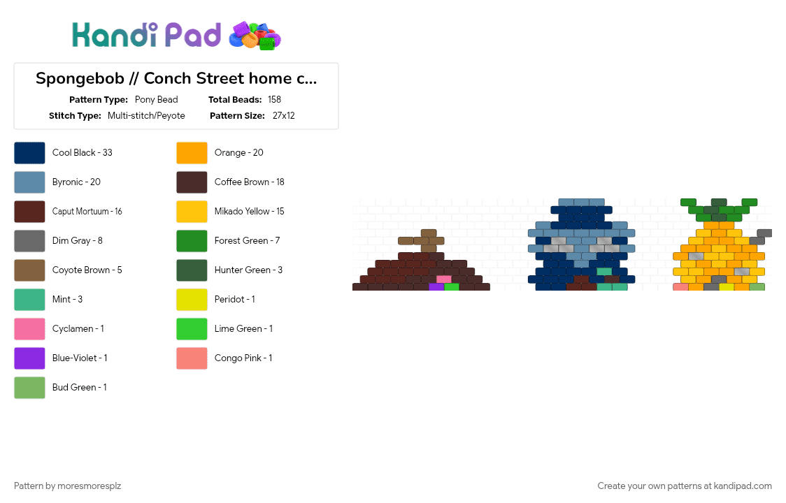 Spongebob // Conch Street home charms - Pony Bead Pattern by moresmoresplz on Kandi Pad - brown, cartoon, charms, colorful, cotdunderwatercities, gray, patrick star, spongebob squarepants, squidward tentacles, tv show, yellow