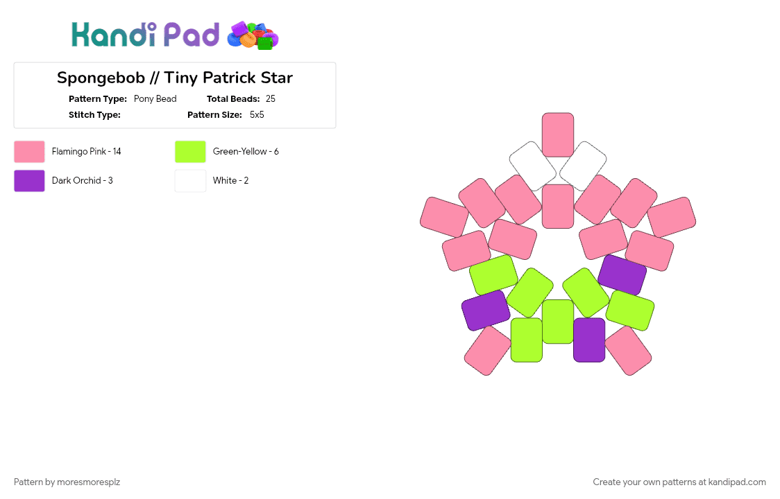 Spongebob // Tiny Patrick Star charm - Pony Bead Pattern by moresmoresplz on Kandi Pad - character, charm, patrick star, pink, spongebob squarepants, tv show