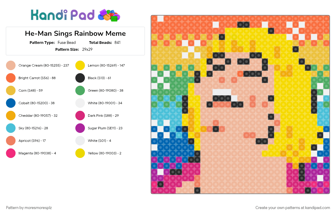 He-Man Sings Rainbow Meme - Fuse Bead Pattern by moresmoresplz on Kandi Pad - 80s, beige, cartoon, colorful, he man, heman, meme, orange, rainbow, tv show, yellow
