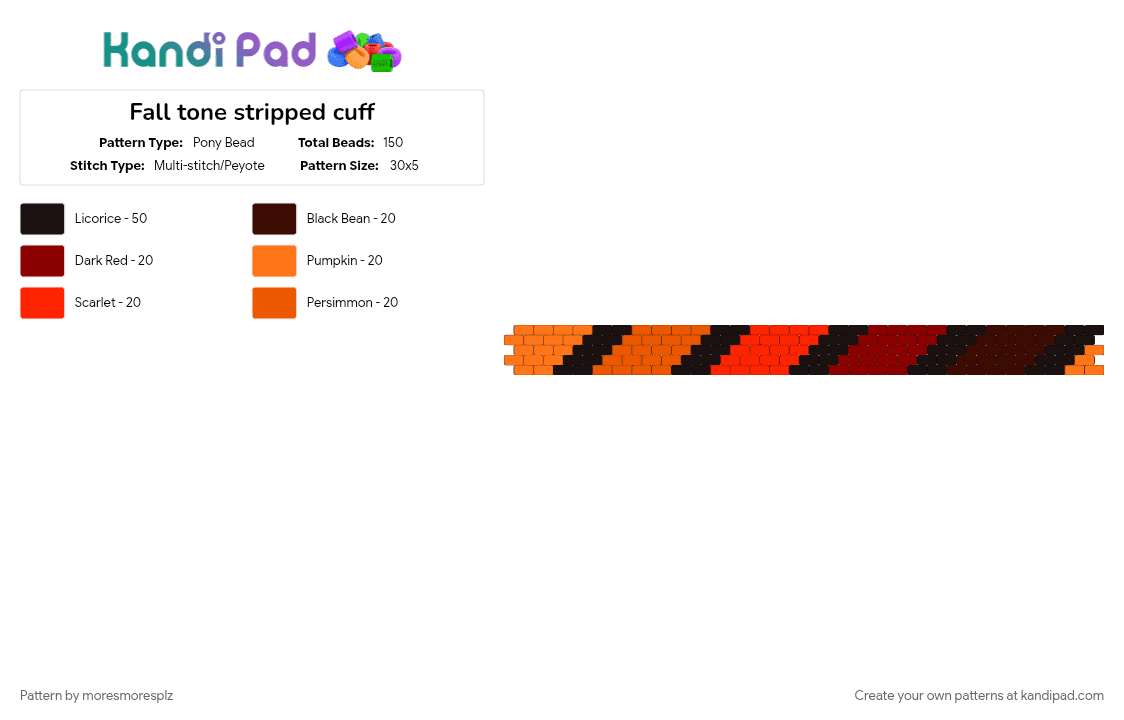 Fall tone stripped cuff - Pony Bead Pattern by moresmoresplz on Kandi Pad - autumn, cuffs, fall, odd peyote, orange, red, stripes, warm colors