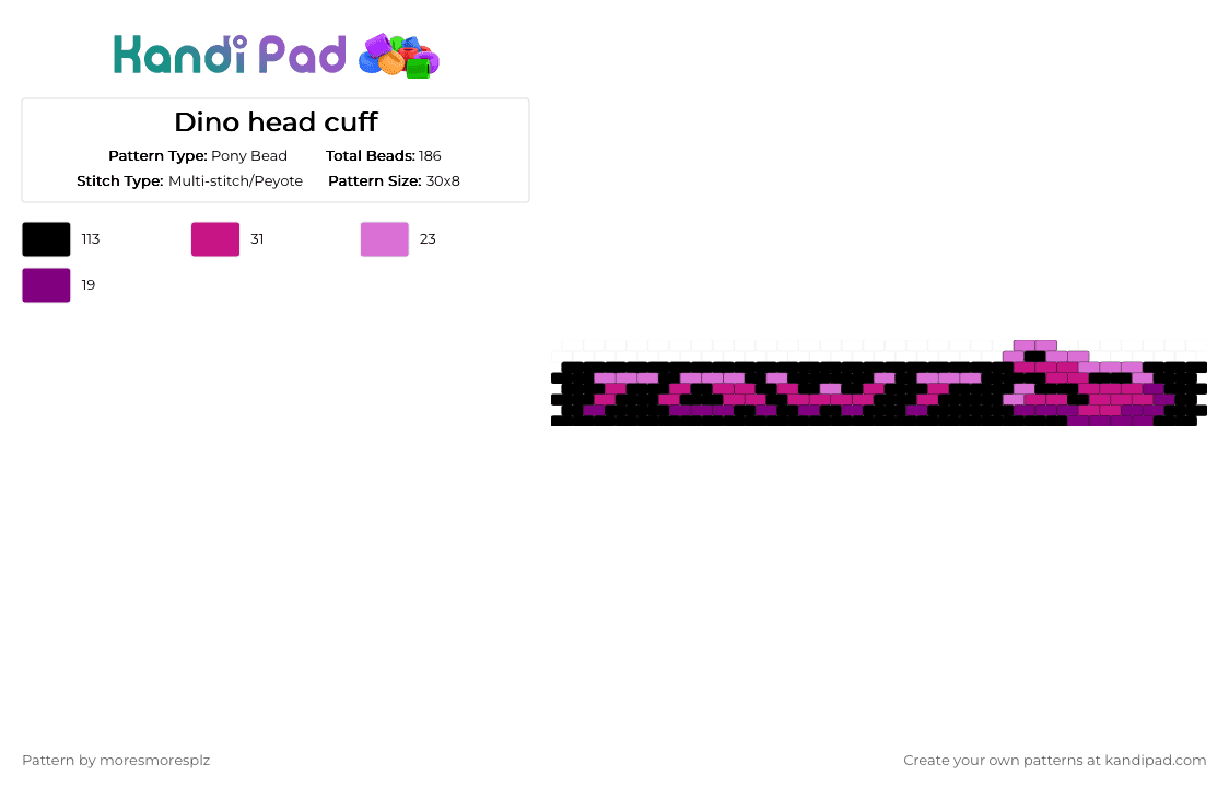 Purple Rawr Dino head cuff - Pony Bead Pattern by moresmoresplz on Kandi Pad - black, cuff, dino, dinosaur, pink, purple, small palette, t rex