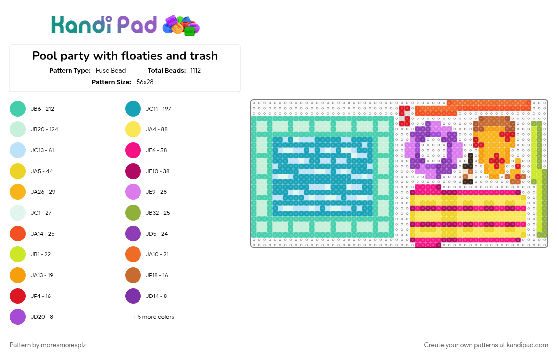 Pool party with floaties and trash - Fuse Bead Pattern by moresmoresplz on Kandi Pad - charms, colorful, cotdpoolparty, light blue, party, pink, playful, pool, scene, teal, water, yellow