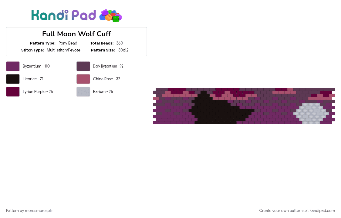 Full Moon Wolf Cuff - Pony Bead Pattern by moresmoresplz on Kandi Pad - cotdwolves, moon, nature, night, night sky, pink, purples, wolf