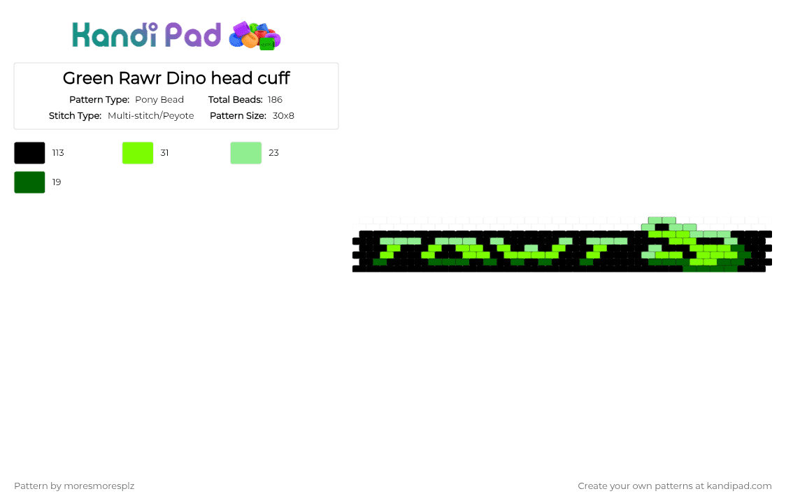 Green Rawr Dino head cuff - Pony Bead Pattern by moresmoresplz on Kandi Pad - cuff, dinosaur, green, rawr, t rex, teal