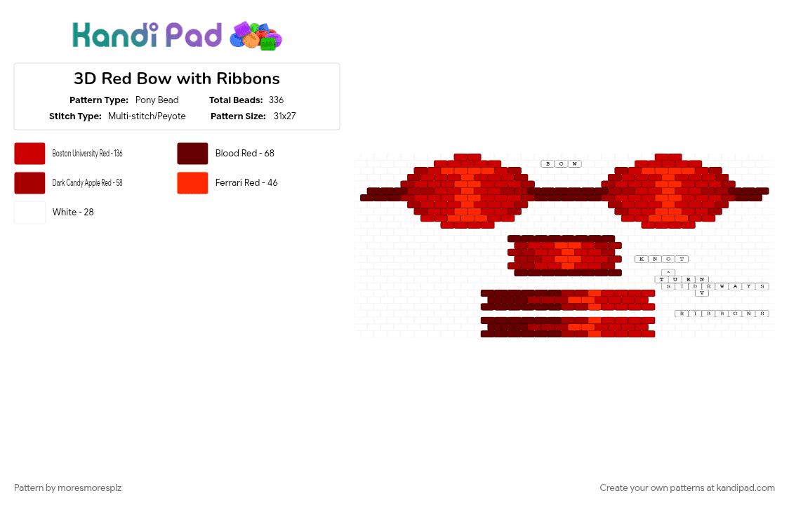 3D Red Bow with Ribbons - Pony Bead Pattern by moresmoresplz on Kandi Pad - 3d, bow, bowtie, cotdbows, decoration, fashion, red