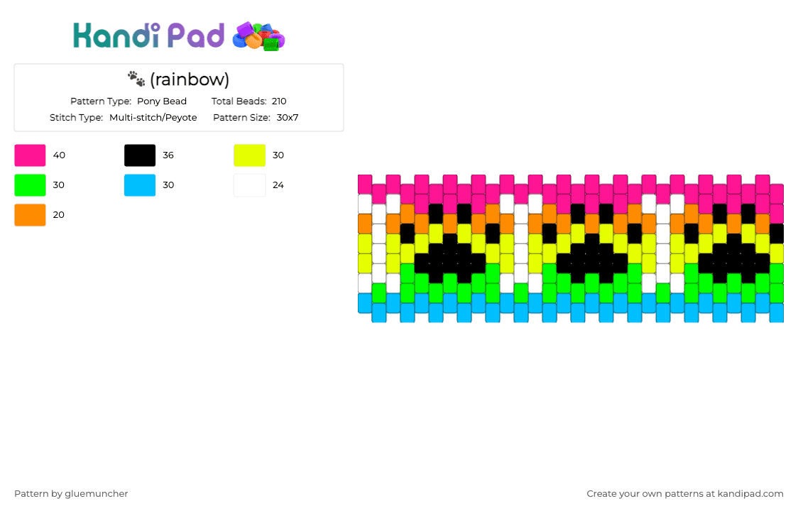 🐾 (rainbow) - Pony Bead Pattern by gluemuncher on Kandi Pad - green, light blue, pink, yellow