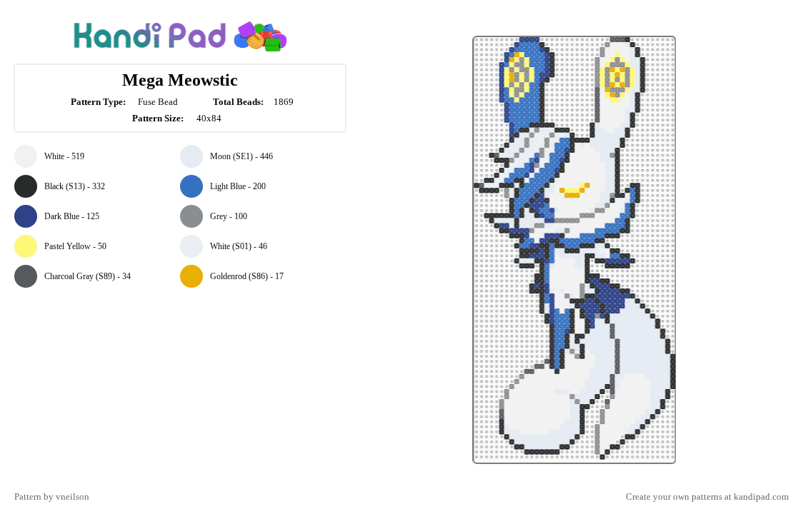 Mega Meowstic - Fuse Bead Pattern by vneilson on Kandi Pad - blue, gray, white