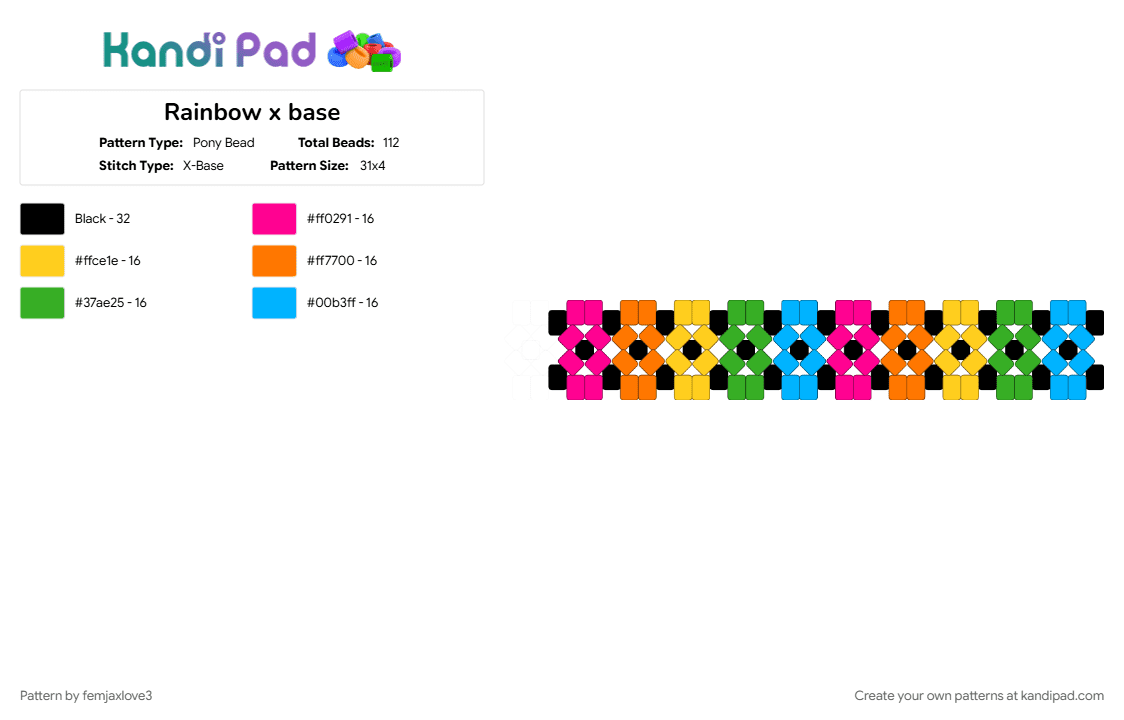 Rainbow x base - Pony Bead Pattern by femjaxlove3 on Kandi Pad - colorful, green, yellow