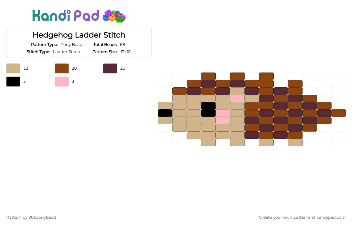 Hedgehog Ladder Stitch - Pony Bead Pattern by 90sponybead on Kandi Pad - beige, brown, red