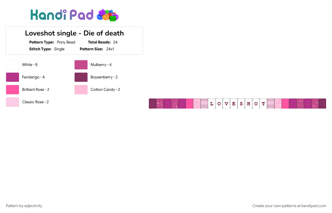 Loveshot single - Die of death - Pony Bead Pattern by adjectivity on Kandi Pad - pink, white