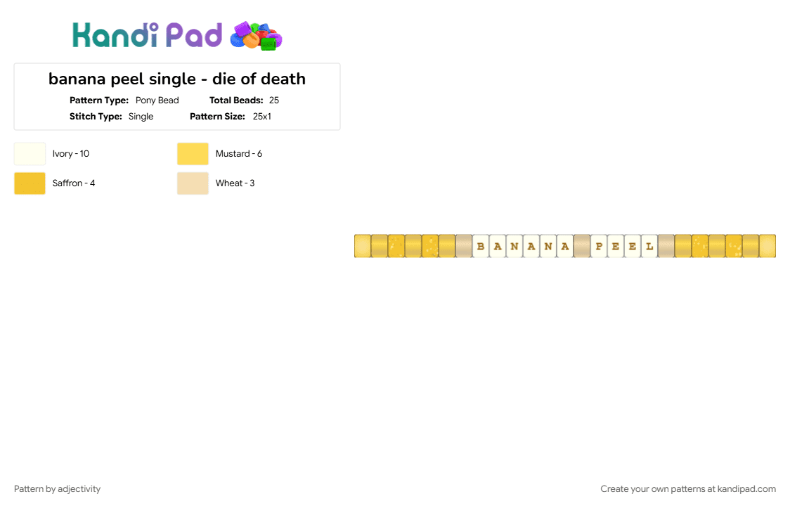 banana peel single - die of death - Pony Bead Pattern by adjectivity on Kandi Pad - banana, bracelet, die of death, roblox, single, yellow