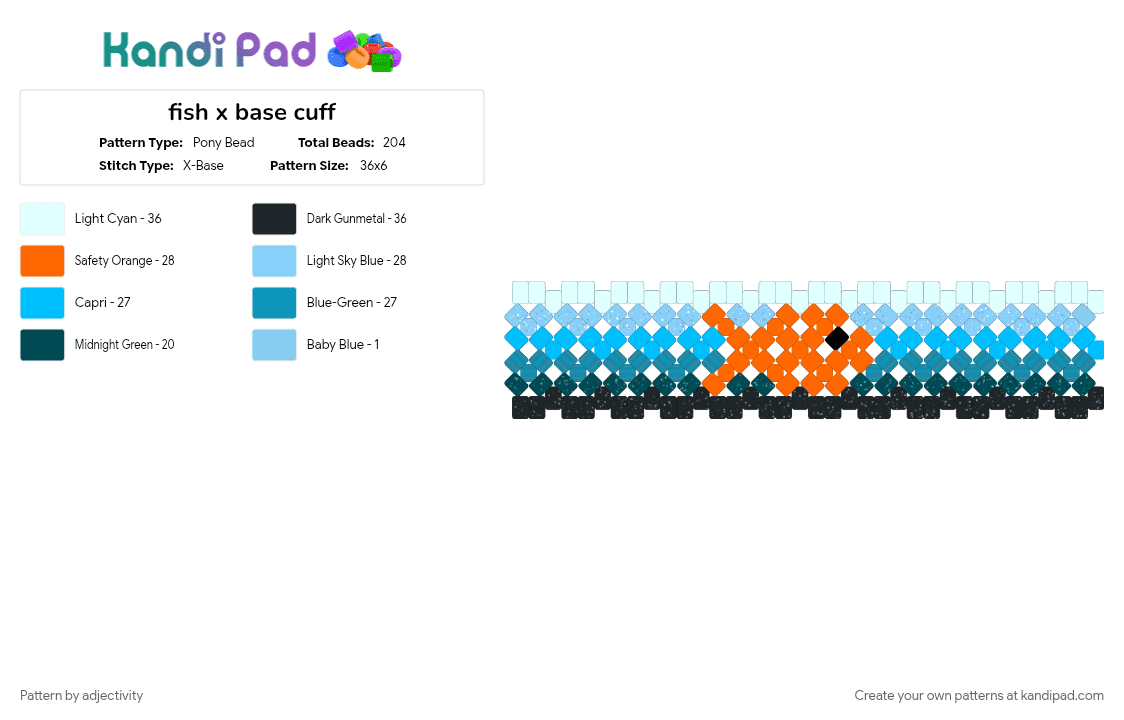 fish x base cuff - Pony Bead Pattern by adjectivity on Kandi Pad - animal, animals, fish, light blue, marine