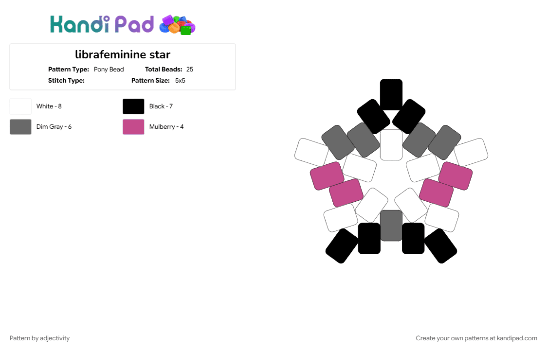 librafeminine star - Pony Bead Pattern by adjectivity on Kandi Pad - agender, gray, librafeminine, pink, pride, pride star