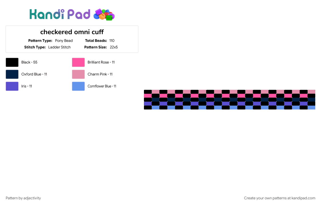 checkered omni cuff - Pony Bead Pattern by adjectivity on Kandi Pad - black, checkered, omni, omniromantic, omnisexual, pink, pride, pride cuff, pride flag, scene
