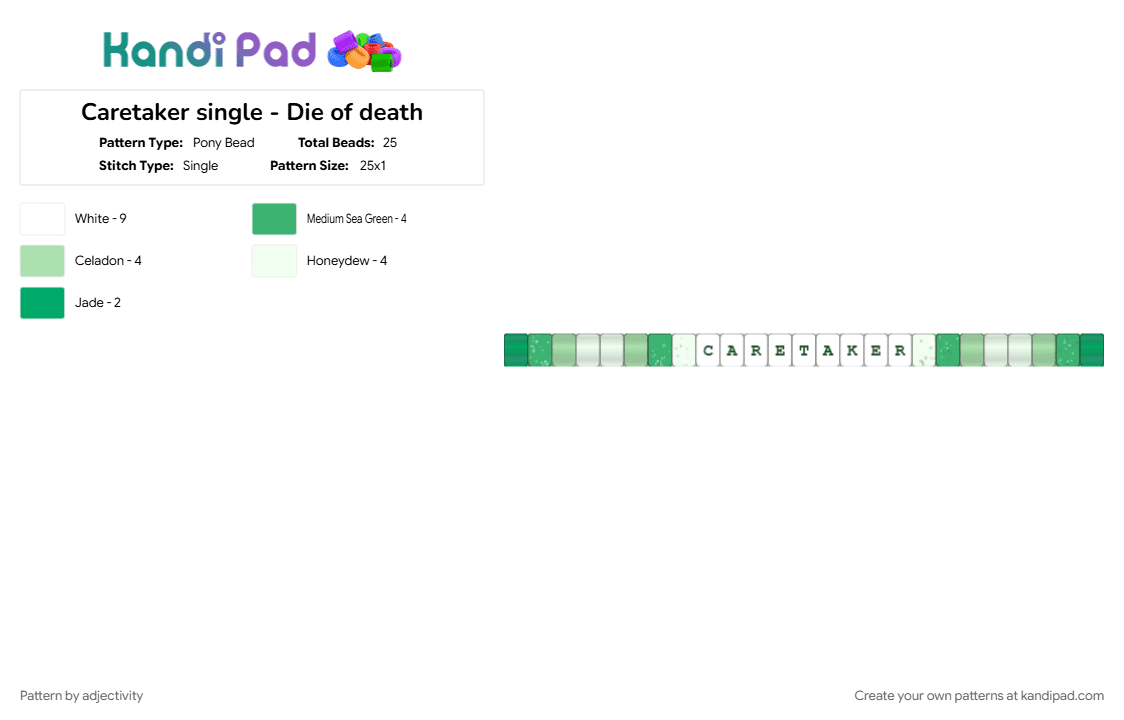 Caretaker single - Die of death - Pony Bead Pattern by adjectivity on Kandi Pad - bracelet, die of death, green, roblox, single, teal, white