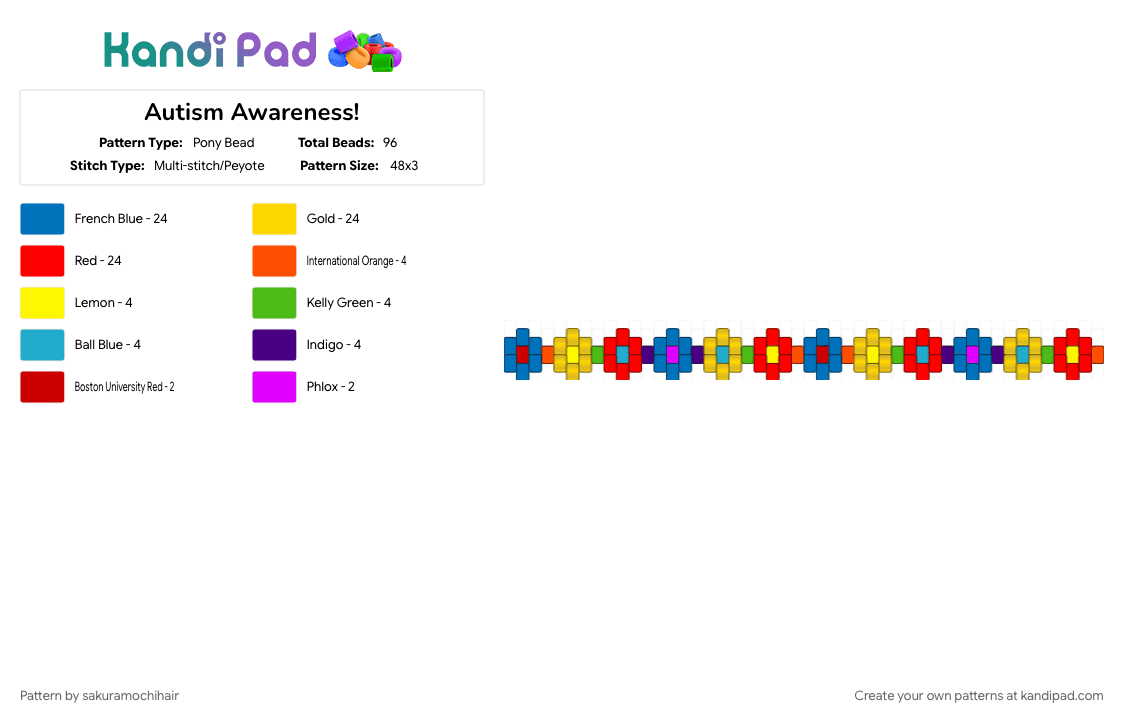 Autism Awareness! - Pony Bead Pattern by sakuramochihair on Kandi Pad - autism awareness, blue, red, yellow