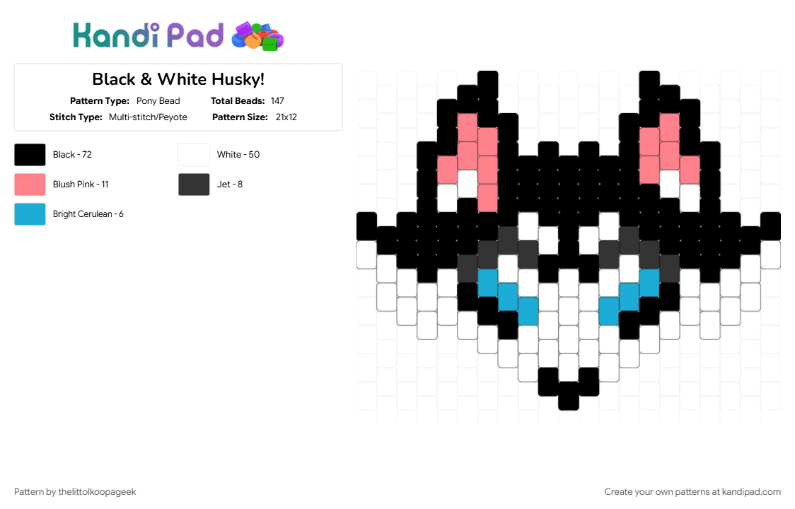 Black & White Husky! - Pony Bead Pattern by thelittolkoopageek on Kandi Pad - animal, black, cute, dog, fluffy, husky, light blue, red, white