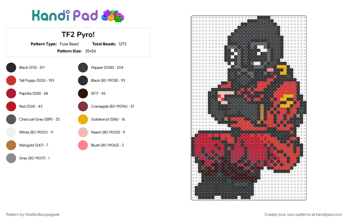 TF2 Pyro! - Fuse Bead Pattern by thelittolkoopageek on Kandi Pad - black, brown, pyro, red, team fortress 2, tf2