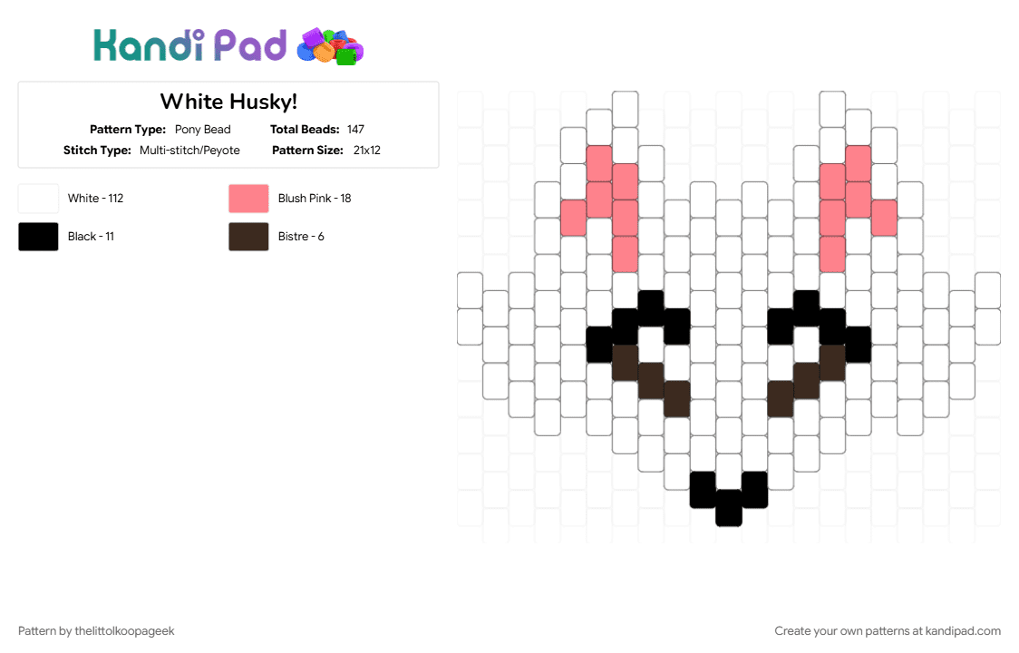 White Husky! - Pony Bead Pattern by thelittolkoopageek on Kandi Pad - animal, brown, cute, dog, fluffy, husky, red, white