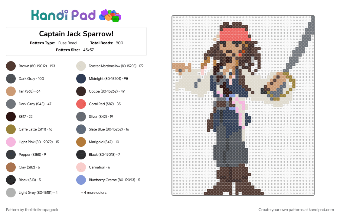 Captain Jack Sparrow! - Fuse Bead Pattern by thelittolkoopageek on Kandi Pad - beige, brown, captain jack sparrow, cotdswords, gray, pirates of the caribbean, purple