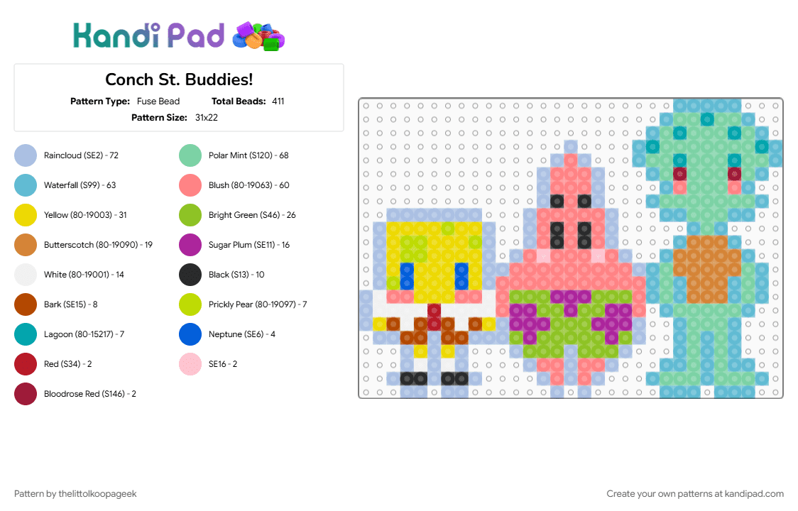 Conch St. Buddies! - Fuse Bead Pattern by thelittolkoopageek on Kandi Pad - light blue, patrick star, red, spongebob squarepants, squidward tentacles, teal