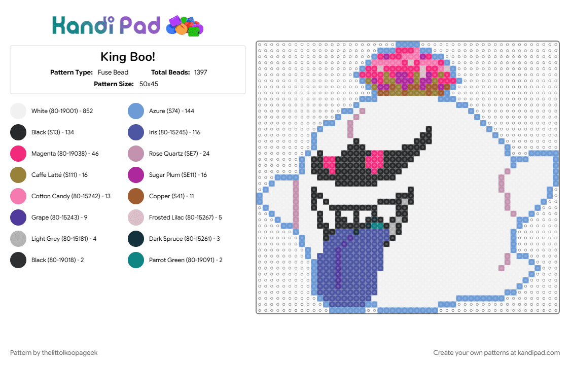 King Boo! - Fuse Bead Pattern by thelittolkoopageek on Kandi Pad - cotdghosts, crown, king boo, light blue, luigis mansion, pink, purple, super mario, white