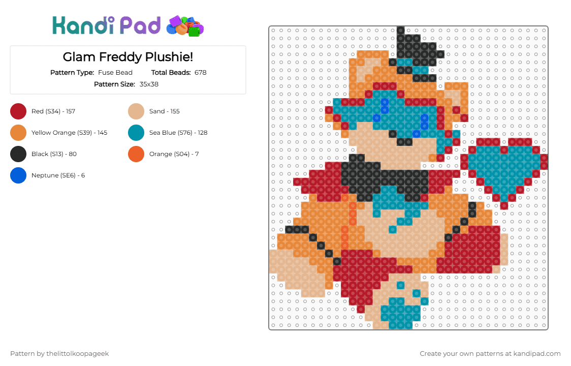 Glam Freddy Plushie! - Fuse Bead Pattern by thelittolkoopageek on Kandi Pad - beige, fnaf security breach, glamrock freddy, orange, plushie, red, teal