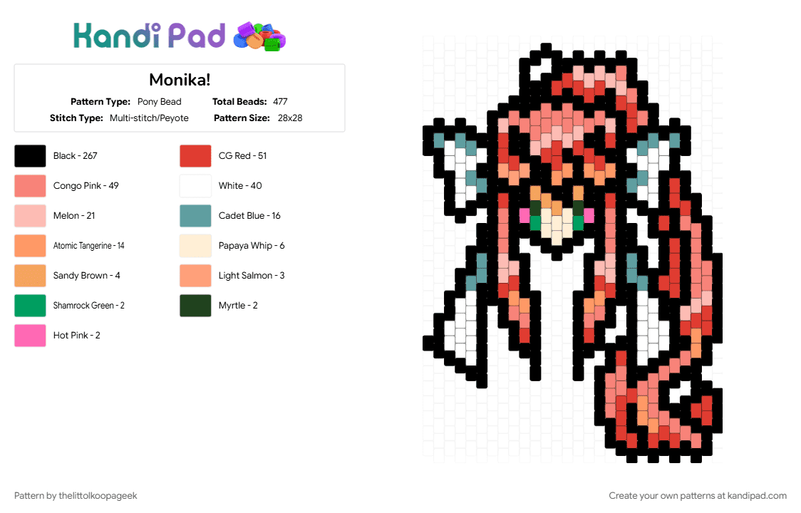 Monika! - Pony Bead Pattern by thelittolkoopageek on Kandi Pad - beige, black, ddlc, doki doki literature club, monika, orange, red