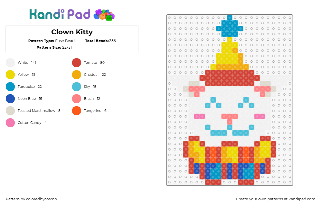 Clown Kitty - Fuse Bead Pattern by coloredbycosmo on Kandi Pad - clown,cat,party,funny,cute,animal,costume,hat,white,yellow