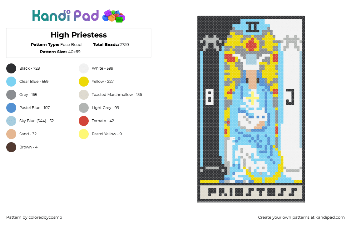 High Priestess - Fuse Bead Pattern by coloredbycosmo on Kandi Pad - priestess,tarot,card,paranormal,psychic,beige,yellow,light blue