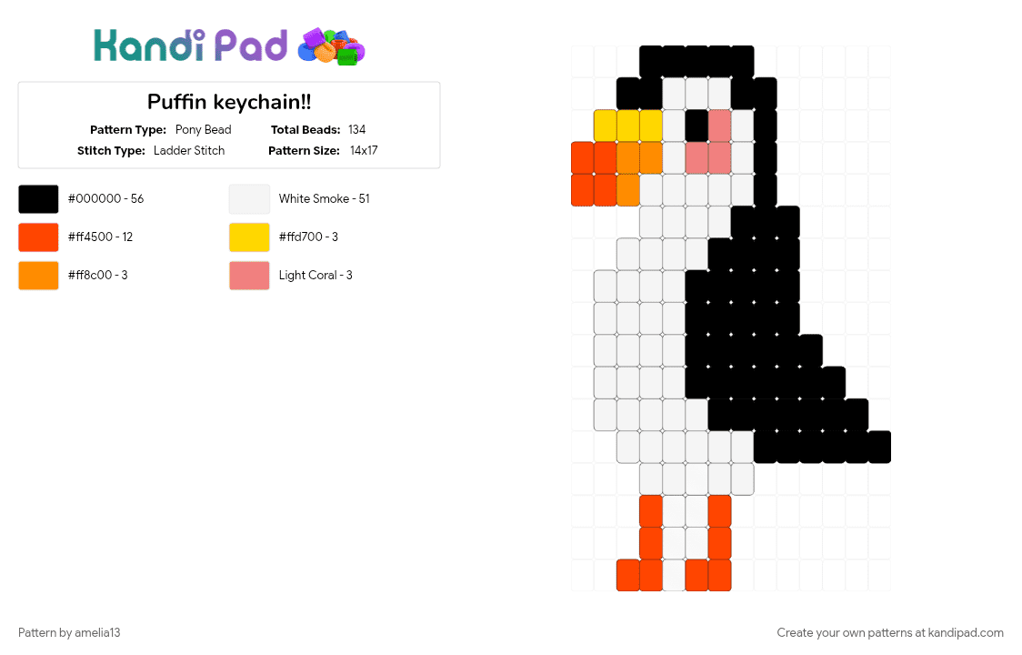 Puffin keychain!! - Pony Bead Pattern by amelia13 on Kandi Pad - animal, bird, charm, keychain, puffin, red, white