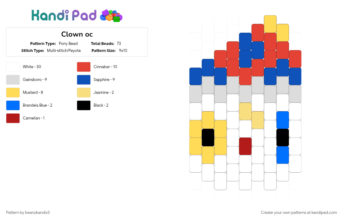 Clown oc - Pony Bead Pattern by beanzkandix3 on Kandi Pad - blue, character, charm, clown, oc, peyote, red, white